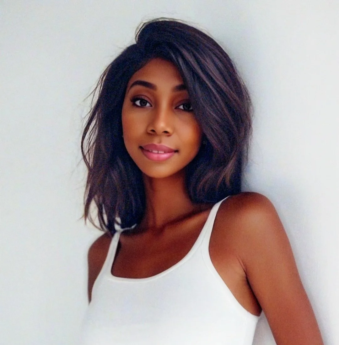 A young woman with shoulder-length dark wavy hair, wearing a white tank top, smiling softly against a plain light-colored wall.