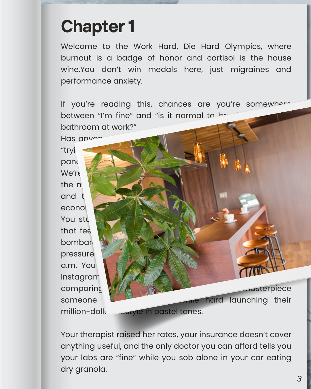A cozy cafe interior with a wooden counter, bar stools, hanging pendant lights, and a potted plant in the foreground.