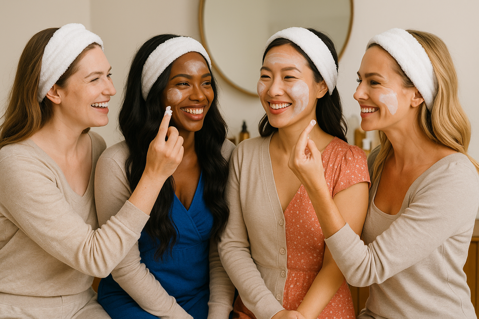 Four women with white headbands smiling and applying skincare cream in a bathroom.