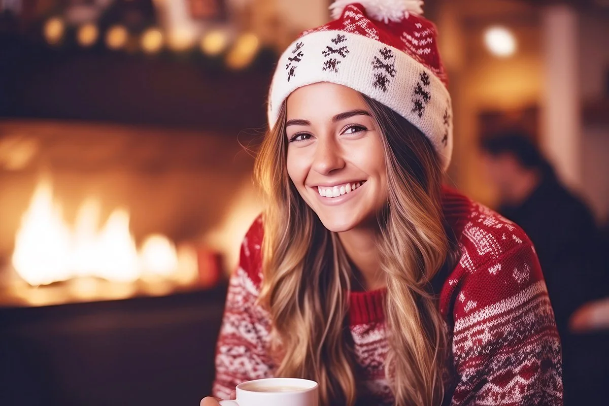 Smiling girl in Christmas attire in front of a fireplace