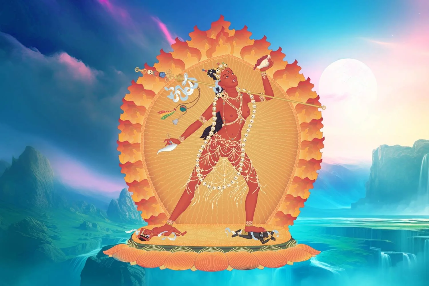 The enlightened being Vajrayogini, one of the principal deities of Highest Yoga Tantra, in a pure land landscape