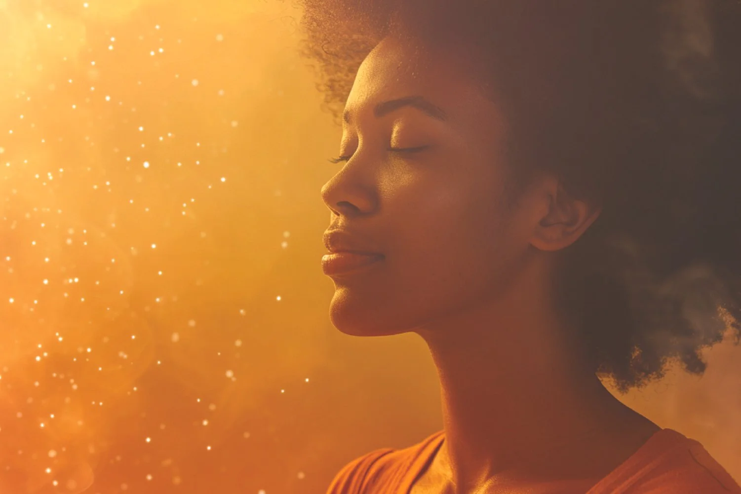 Woman meditating with eyes closed and sparkles in the air