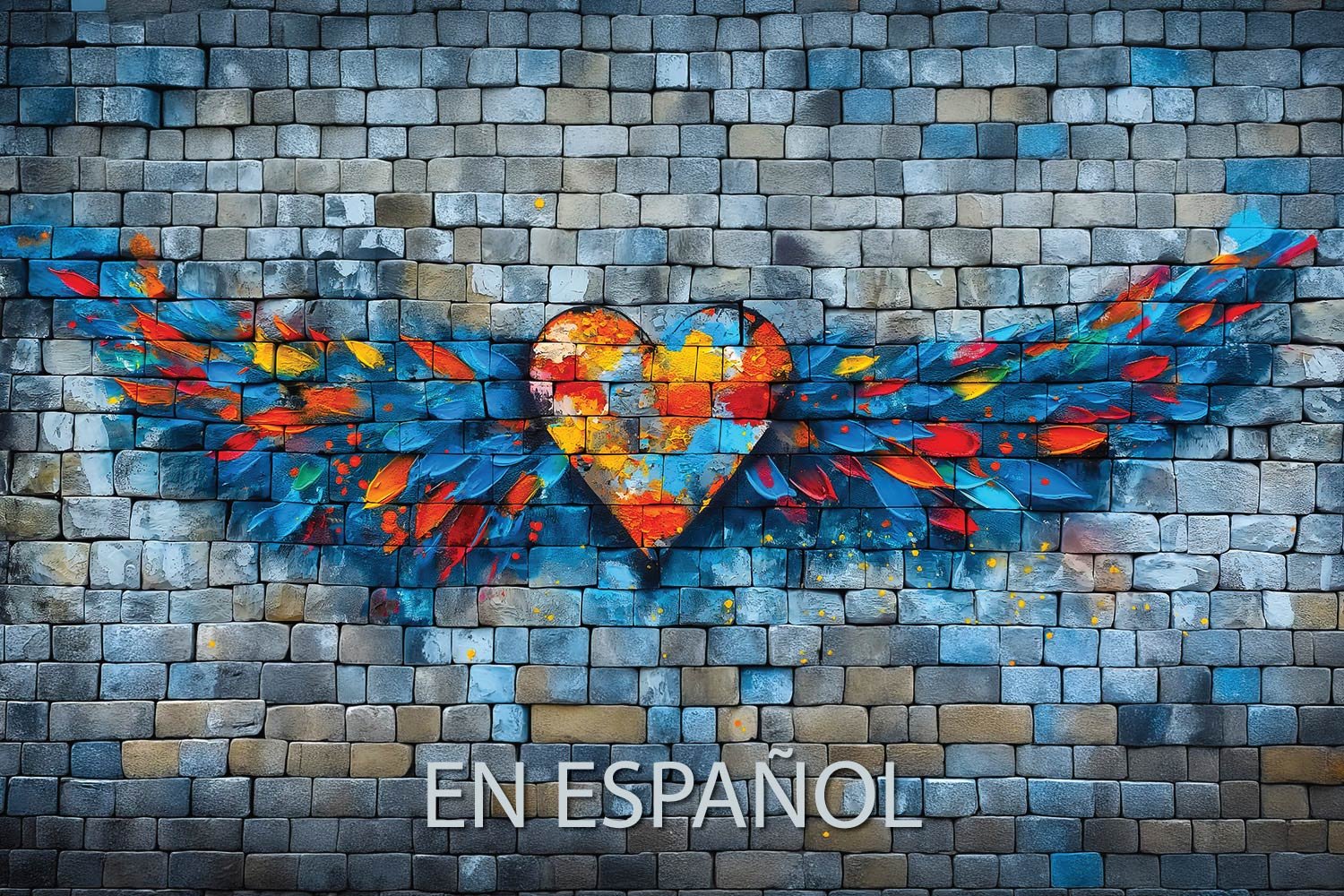 Una pared de ladrillo con un corazón colorido con alas pintado en ella.