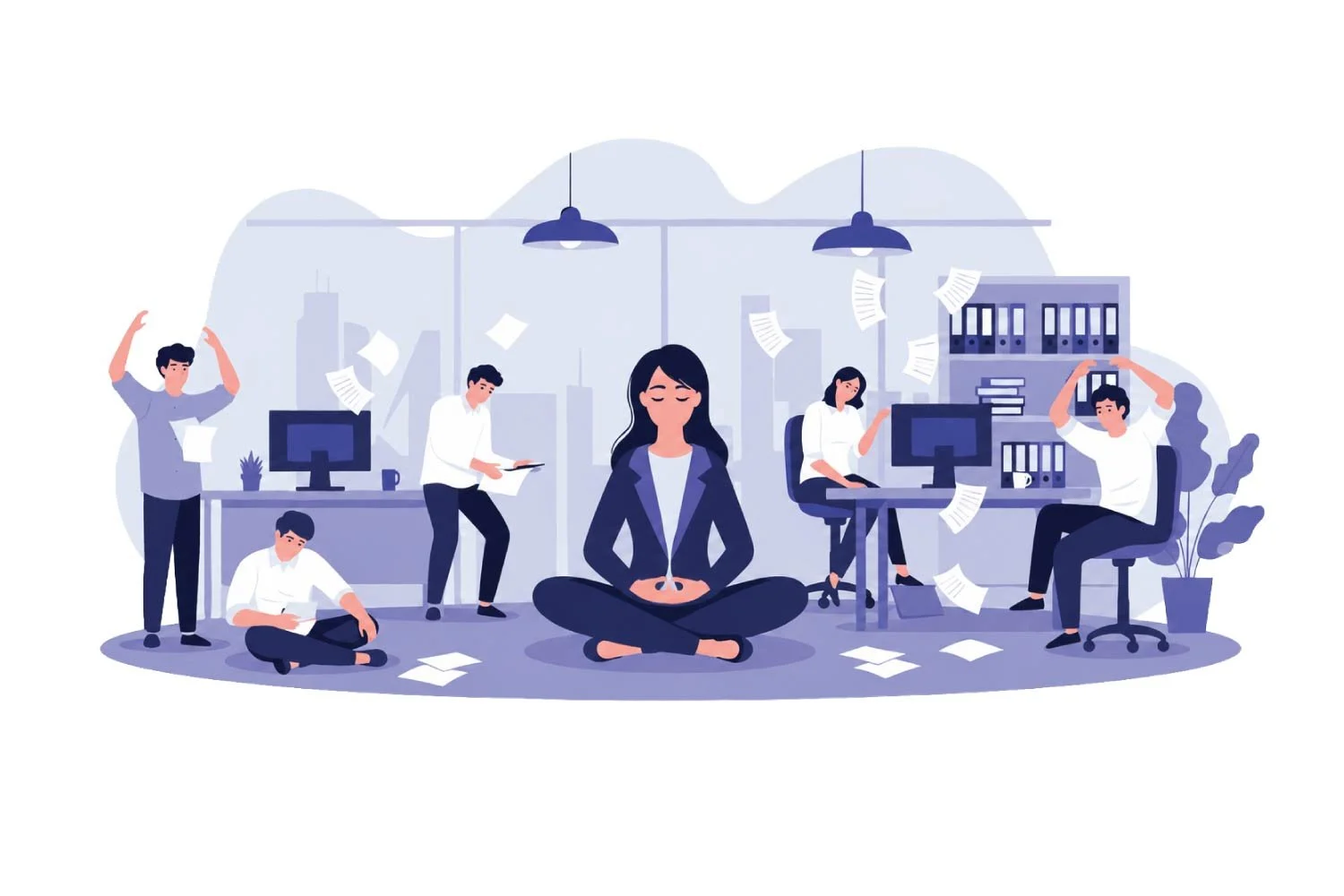 A woman meditating with office chaos surrounding her