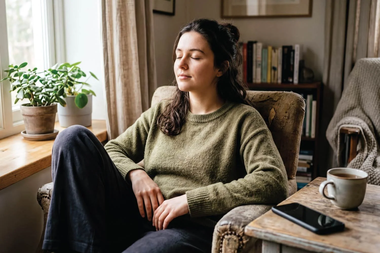 Woman in a comfortable office chair in her home, relaxed with her eyes closed.