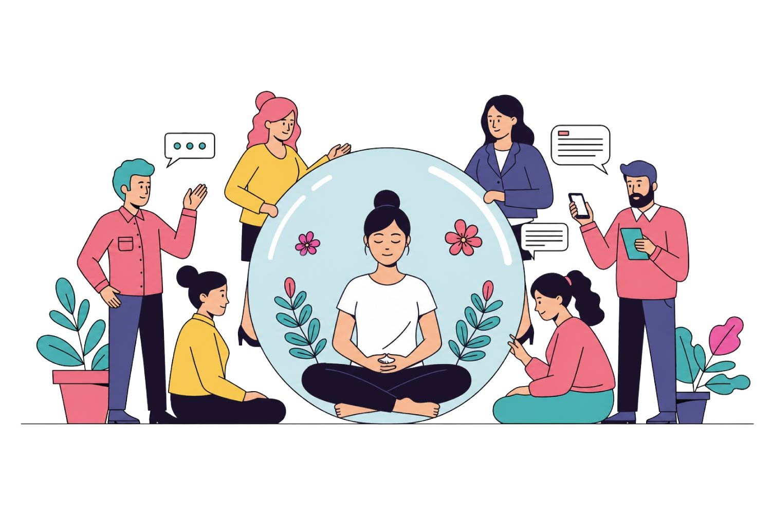 Illustration of a person meditating peacefully inside a bubble, undisturbed by a group of busy people talking and using phones around them.