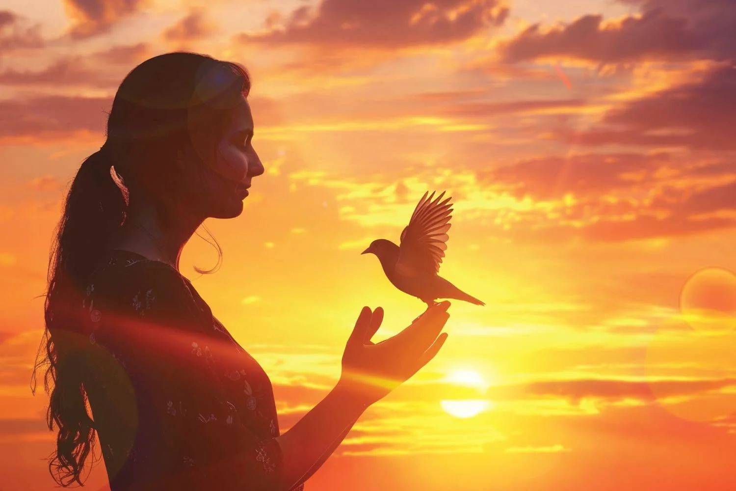 Silhouette of a woman releasing a bird at sunset