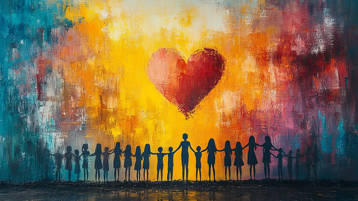 Silhouettes of people holding hands around a red heart surrounded by yellow and orange