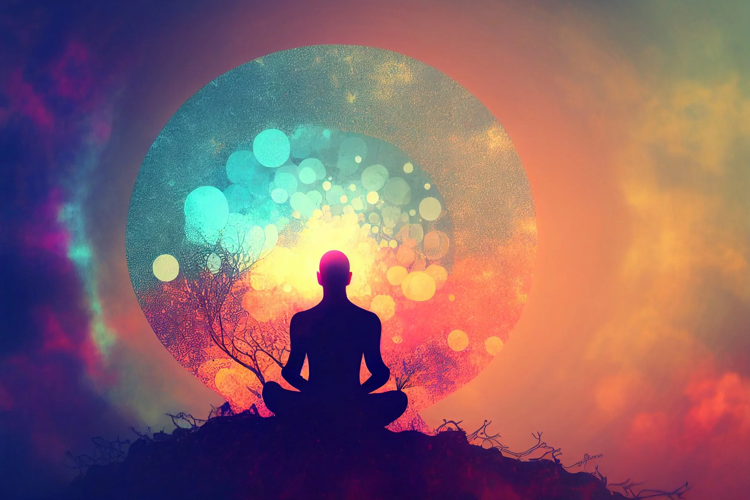 Silhouette of a man meditating on a hill