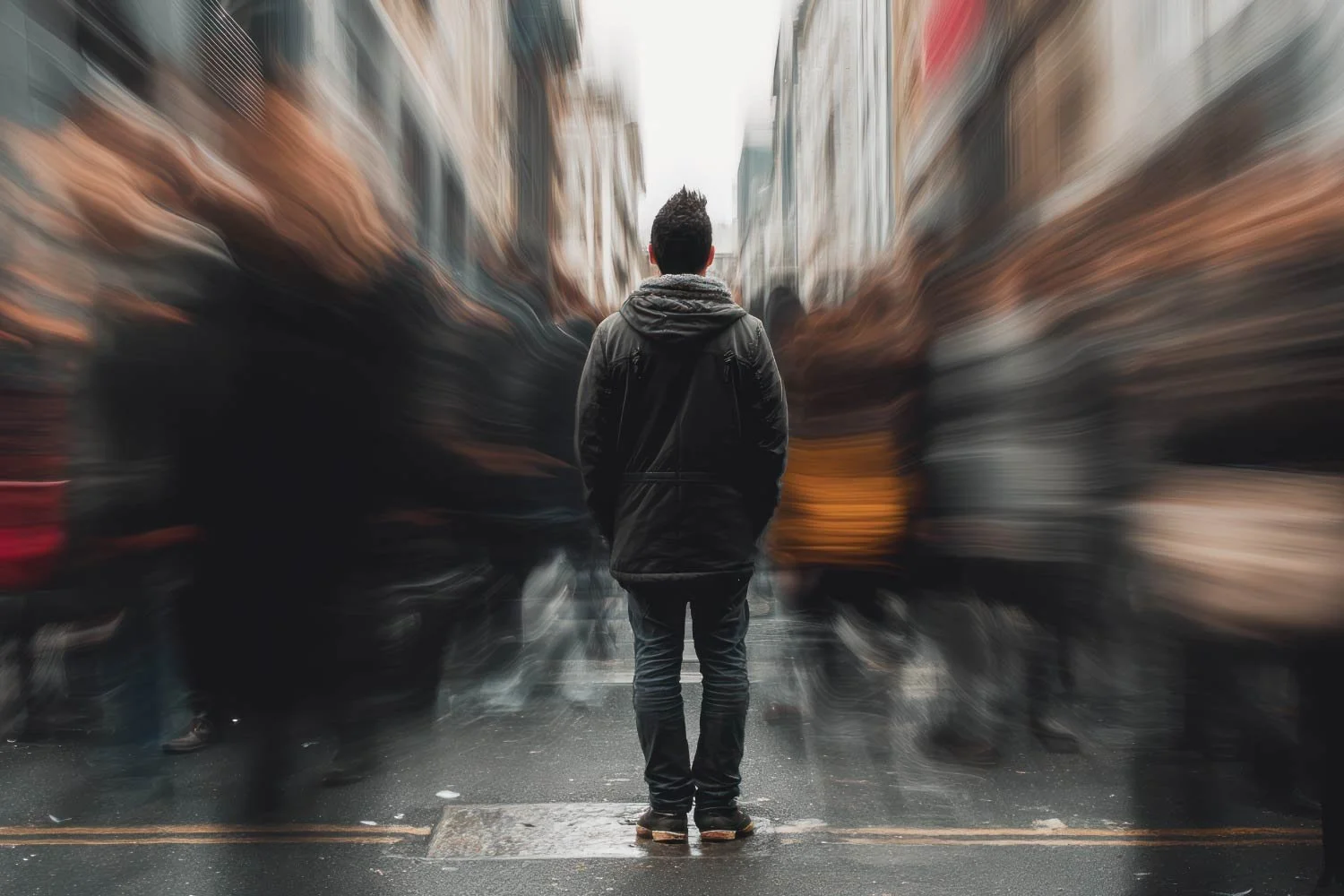 A man stands still in the middle of a busy city street, seen from behind, while a crowd of people rushes past him in a blur of motion.