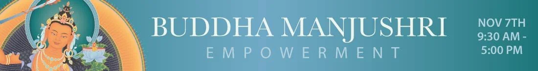 “Buddha Manjushri Empowerment with Gen Kelsang Wangpo – Sat, Nov 7th, 9:30 AM – 5:00 PM.” On the left, a traditional painting of Manjushri.