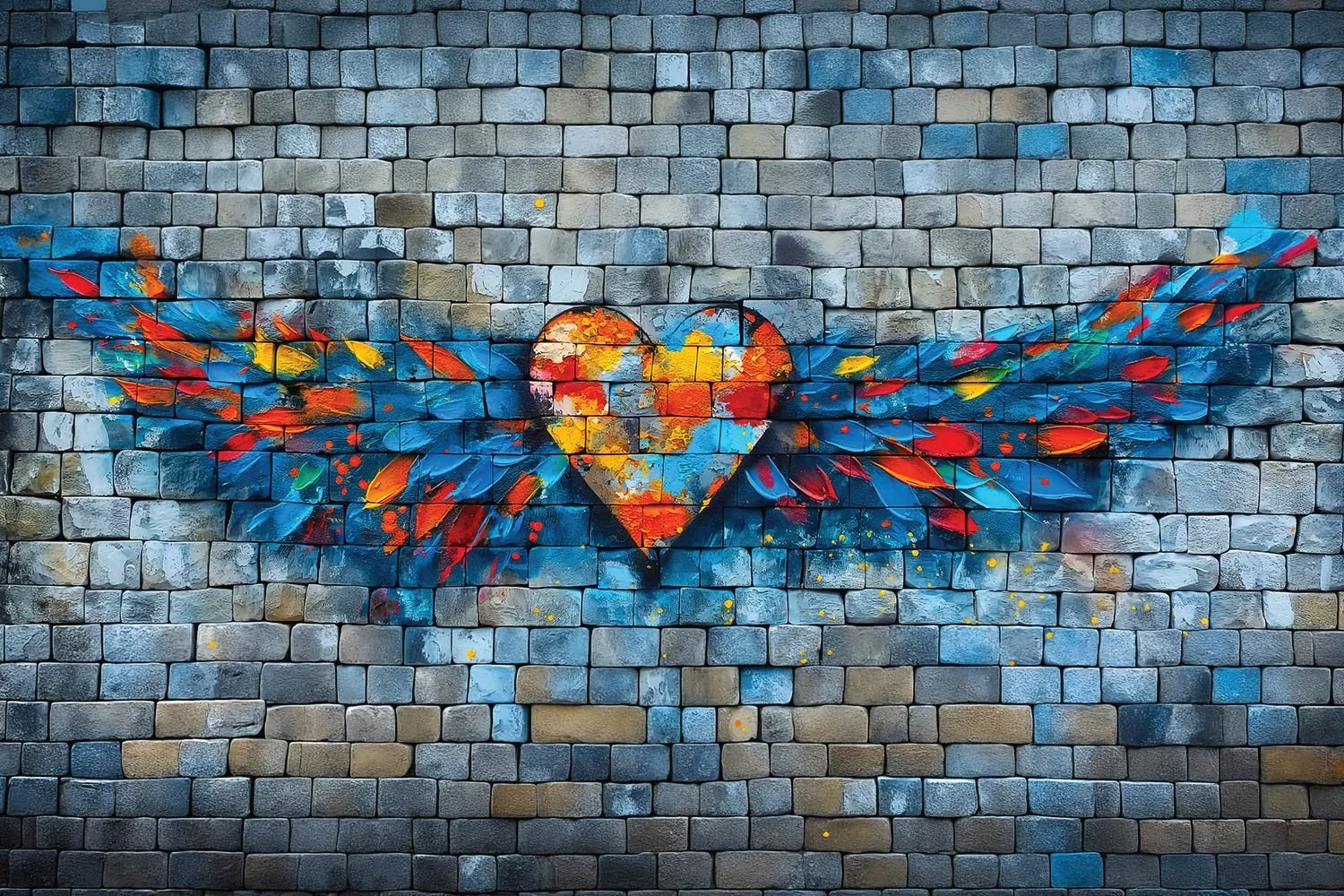 A brick wall with a colorful heart with wings painted on it