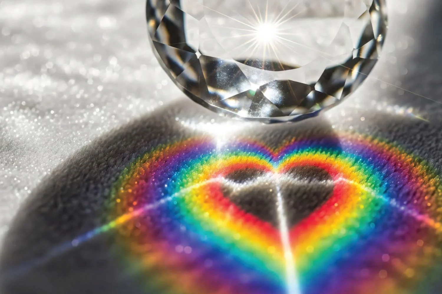 Sunlight passing through a faceted crystal casts a vivid rainbow in the shape of a heart on a sparkling surface below.