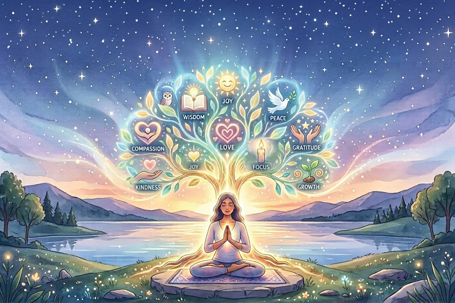 I woman praying with a tree emanating from her mind. The tree has kindness, compassion, joy, wisdom, love, focus, peace, gratitude, and growth among its branches.