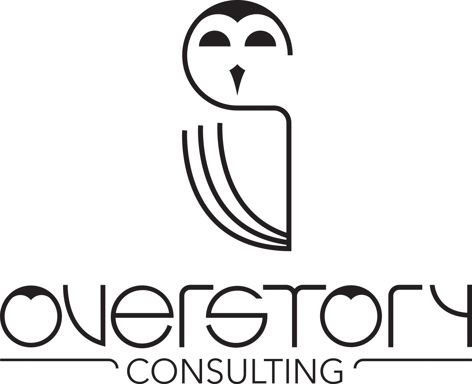 A black outline logo for Overstory Consulting featuring an owl with large eyes and a curved body evocative of book pages, accompanied by the company name in stylized, custom text.
