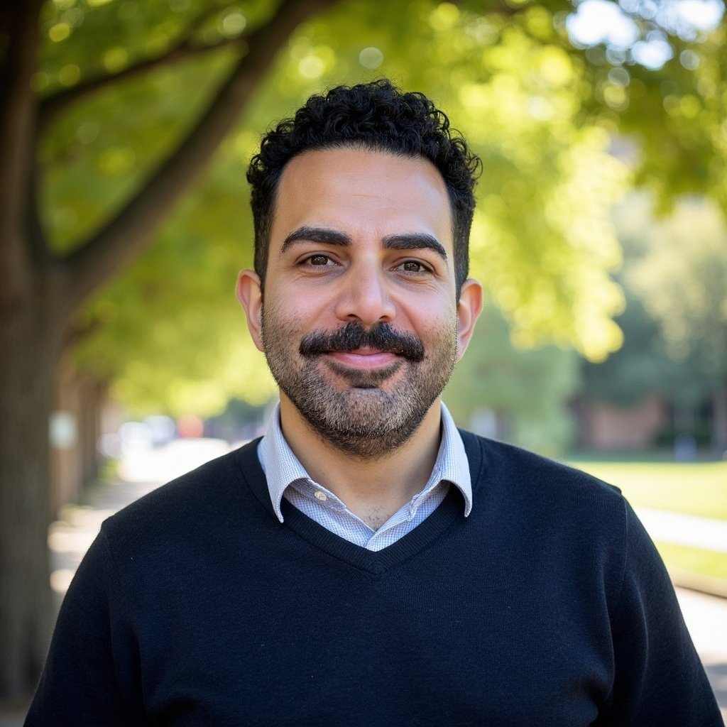 A man with dark, curly hair and a beard, wearing a black sweater over a collared shirt, stands outdoors on a sunny day with trees and a grassy area in the background.