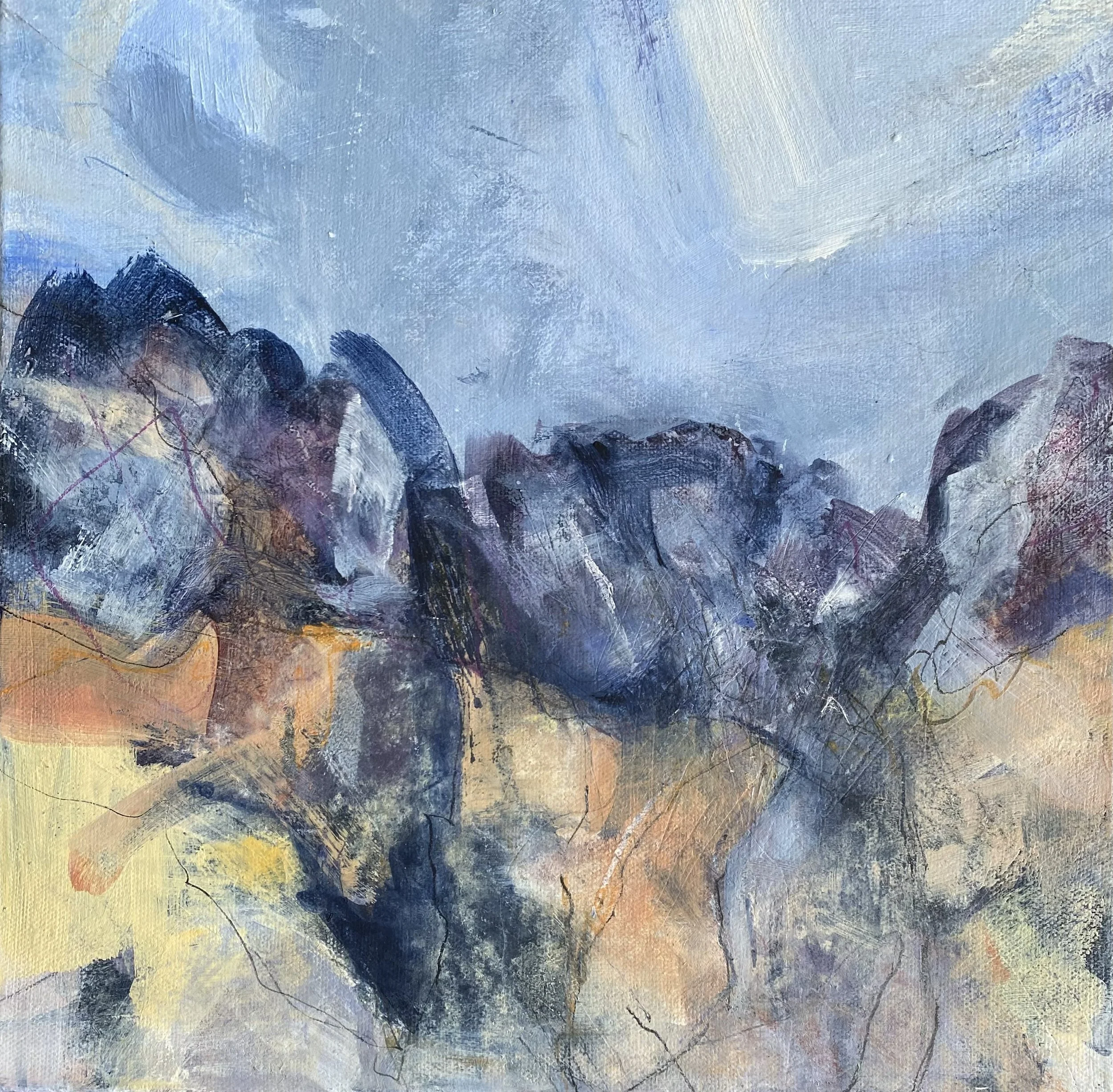 Faraway hills, 2025. Acrylic on canvas — 35 x 35 cm. On display at Fee Thompson Gallery, Ngaio, Wellington