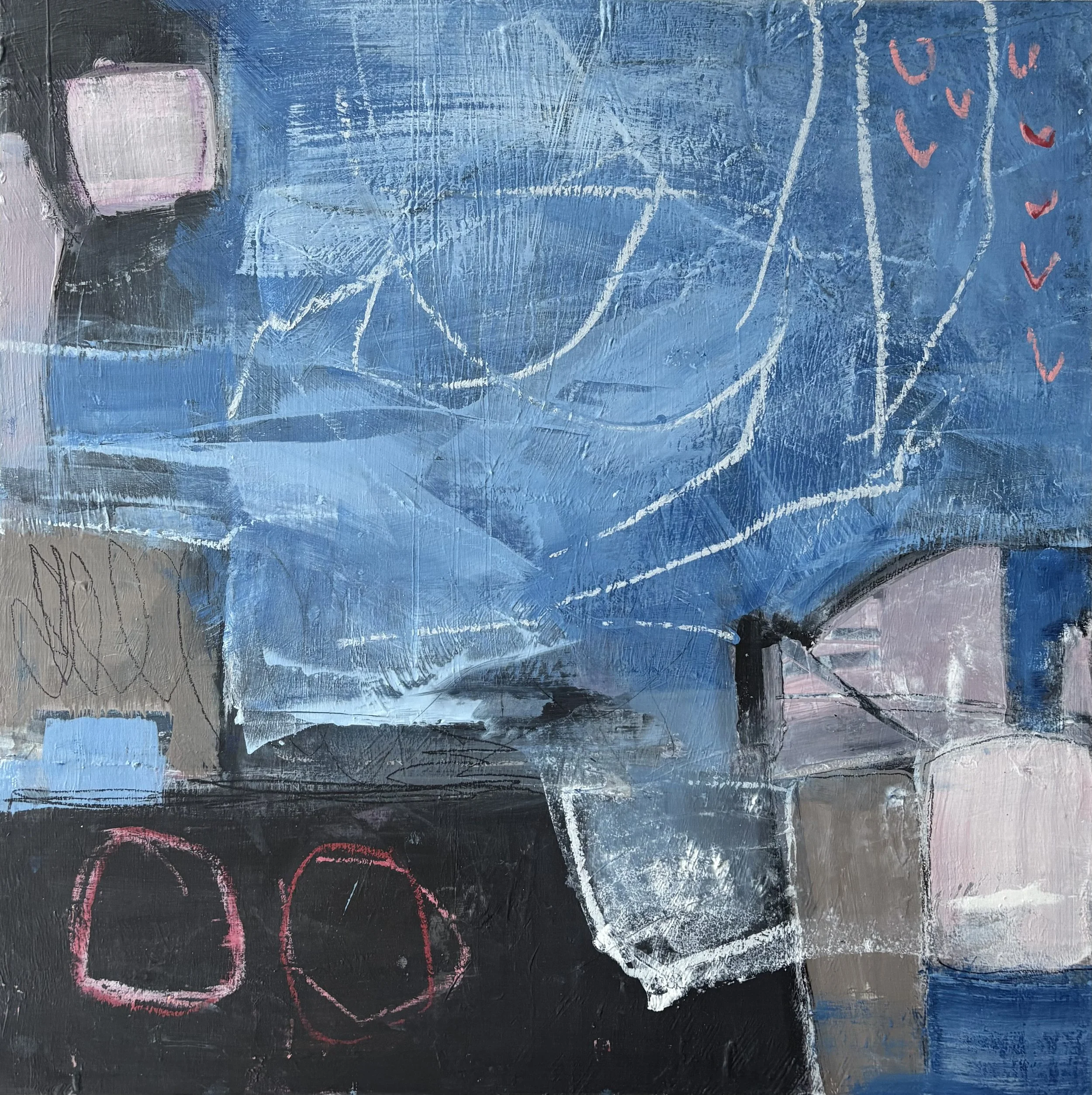 Waterfront, 2025. Acrylic and oil pastel on wooden panel — 45 x 45 cm. Showing at Fee Thompson Gallery, Ngaio, Wellington