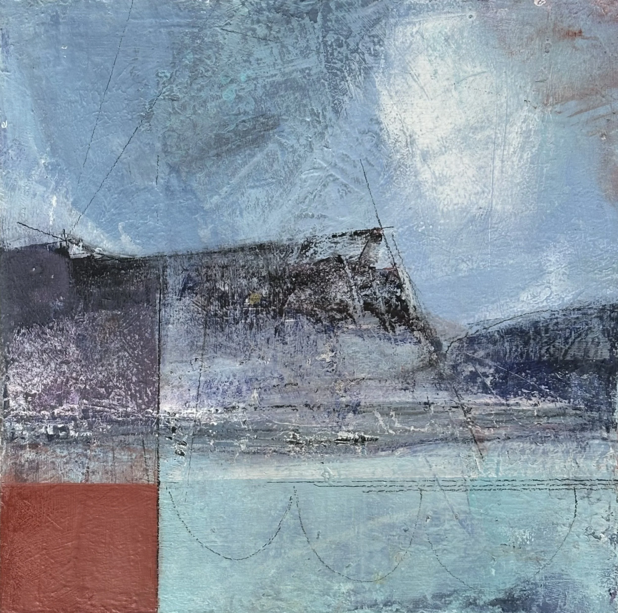 Red rocks, 2026. Acrylic on wooden panel — 255 x 255 mm. Showing at Fee Thompson Gallery, Ngaio, Wellington
