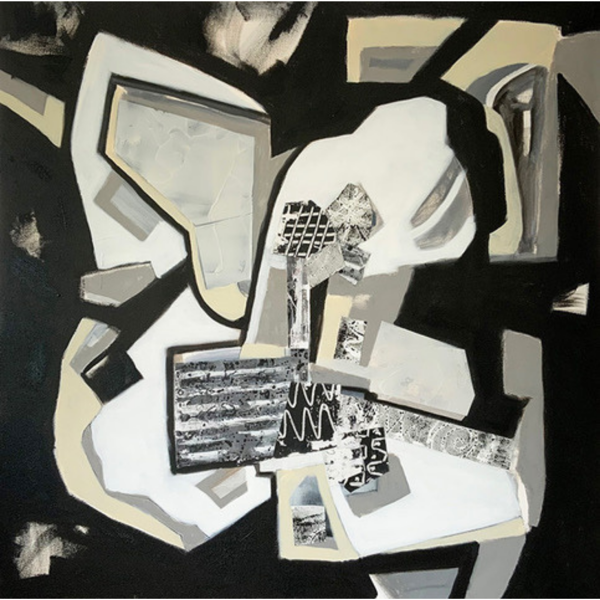 Abstract black, white, gray, and beige collage with geometric shapes and patterns, arranged in a layered composition.