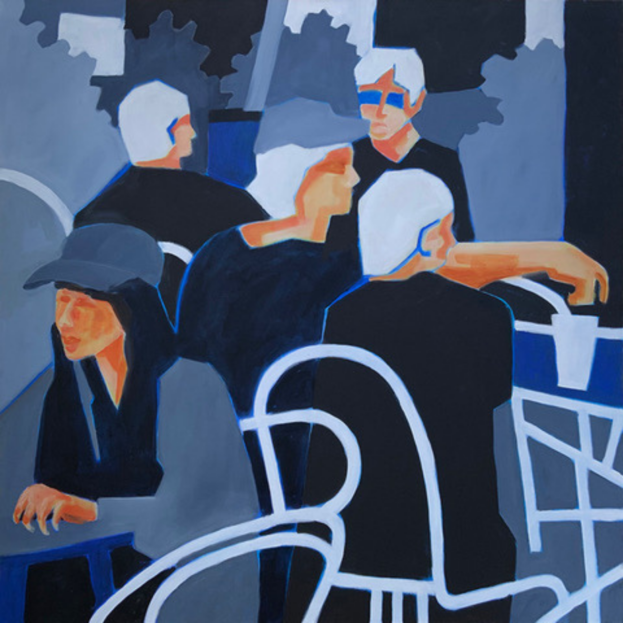 A colorful abstract painting of four people in a coffee shop, wearing black outfits and accessories. One person is wearing a baseball cap, another has a headscarf, and a woman with short hair and glasses is sitting at a table.