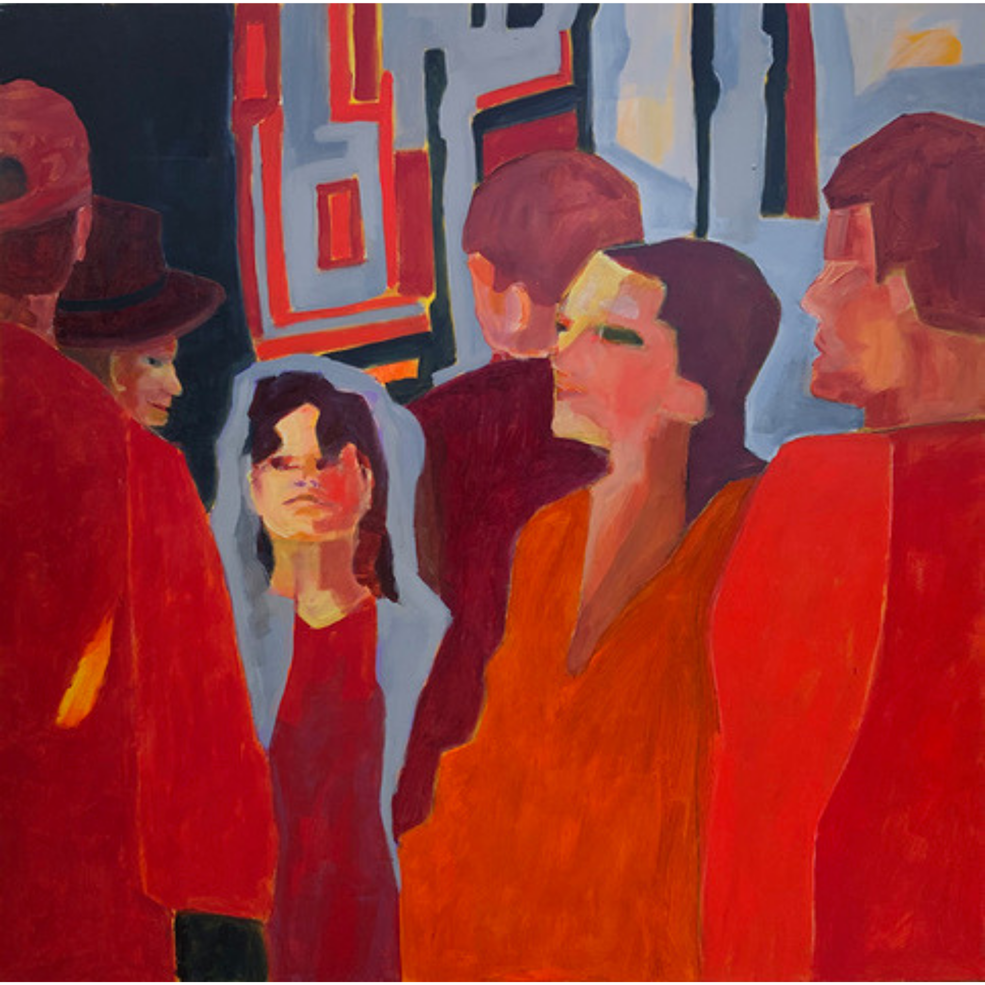 An abstract, colorful painting of five people standing and talking, with geometric styles and warm tones of red, orange, and brown.