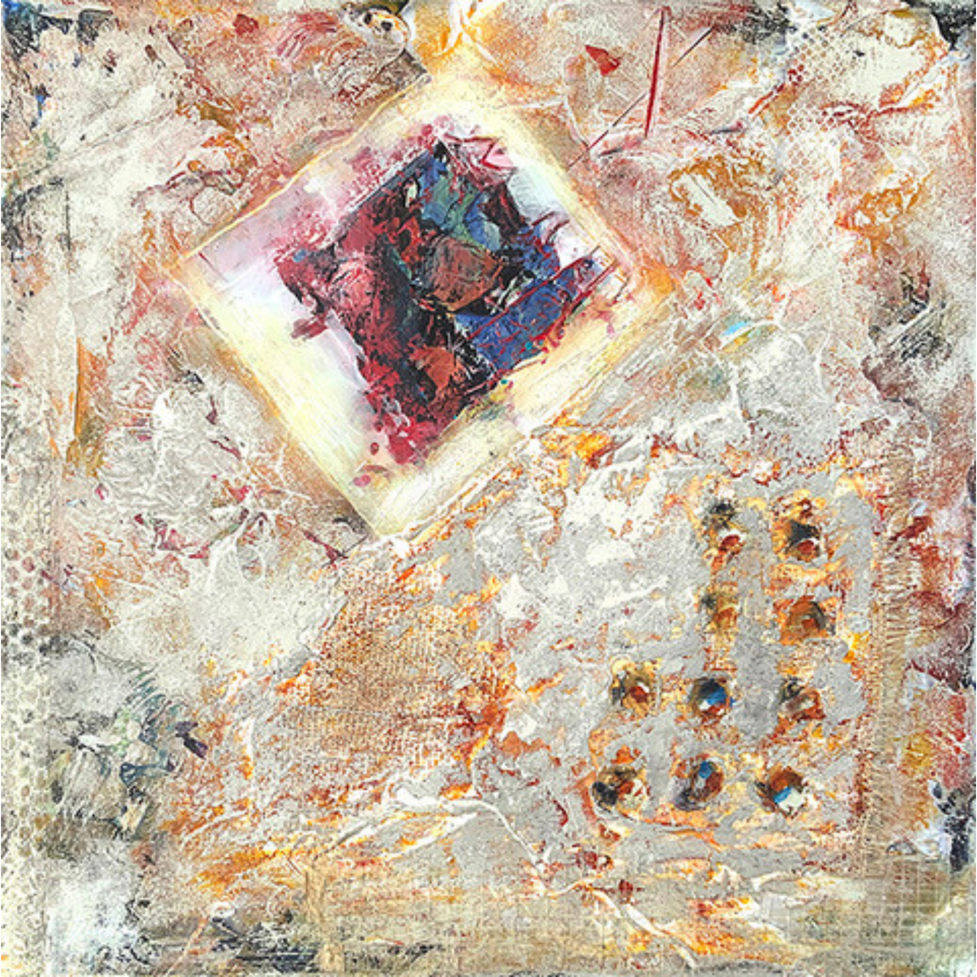Abstract painting with a colorful square at the center and textured background in shades of orange, white, and beige.