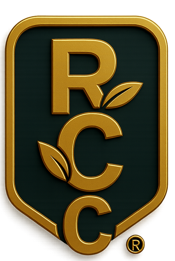 A gold emblem with the letters R, C, and C, with a leaf motif, on a dark green background.