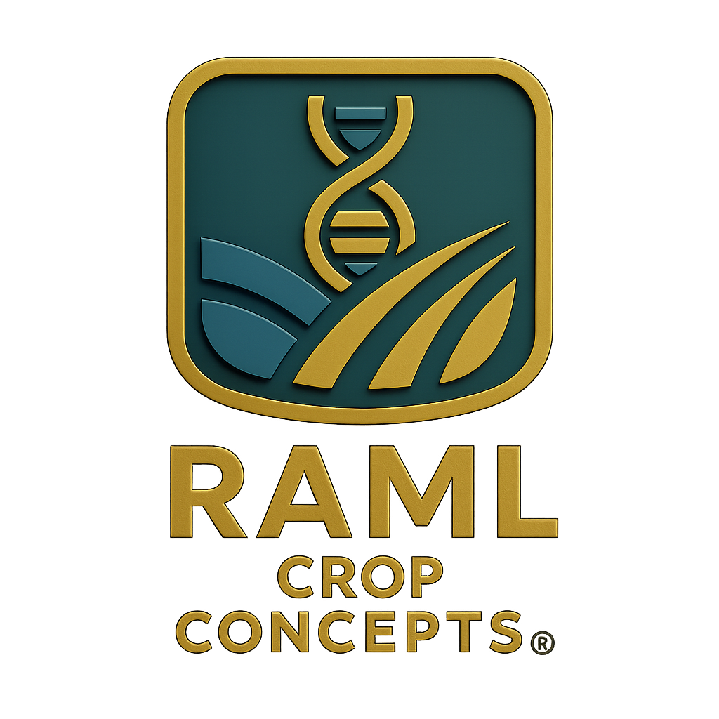 Logo for RAML Crop Concepts featuring a DNA double helix, a leaf, and a stylized farmland in green, gold, and blue colors.
