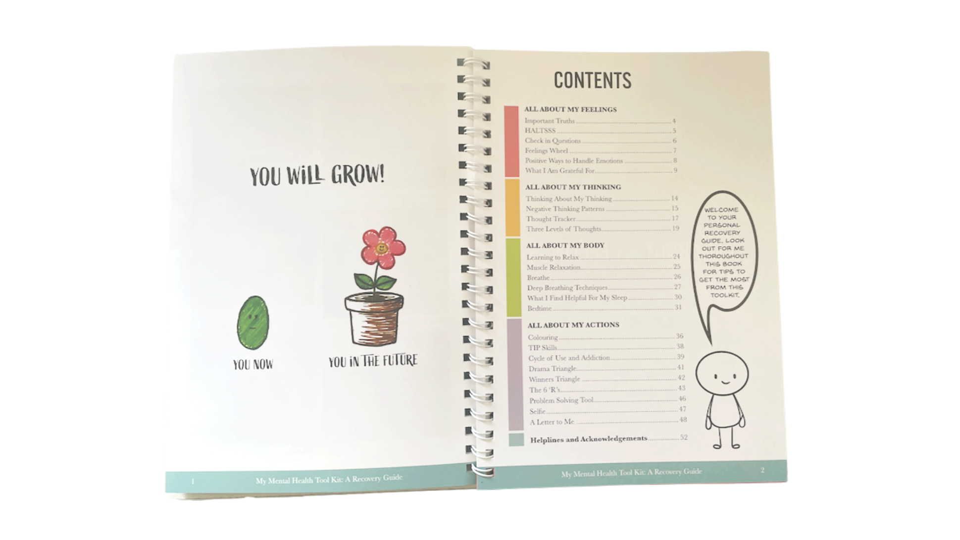 Open spiral-bound notebook with a drawing of a green bean and a potted flower, with the text 'You will grow! You now, you in the future' on the left page. The right page shows a contents list for a mental health recovery guide, accompanied by a cartoon character saying, 'Welcome to your personal recovery guide. Look out for me throughout this book for tips to get the most from this toolkit.'
