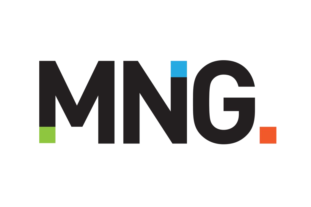 Colorful logo with the letters 'MNG' in bold black font, each letter accented with small colored blocks: green at the bottom of the 'M', blue on top of the 'I', and orange at the bottom of the 'G'.