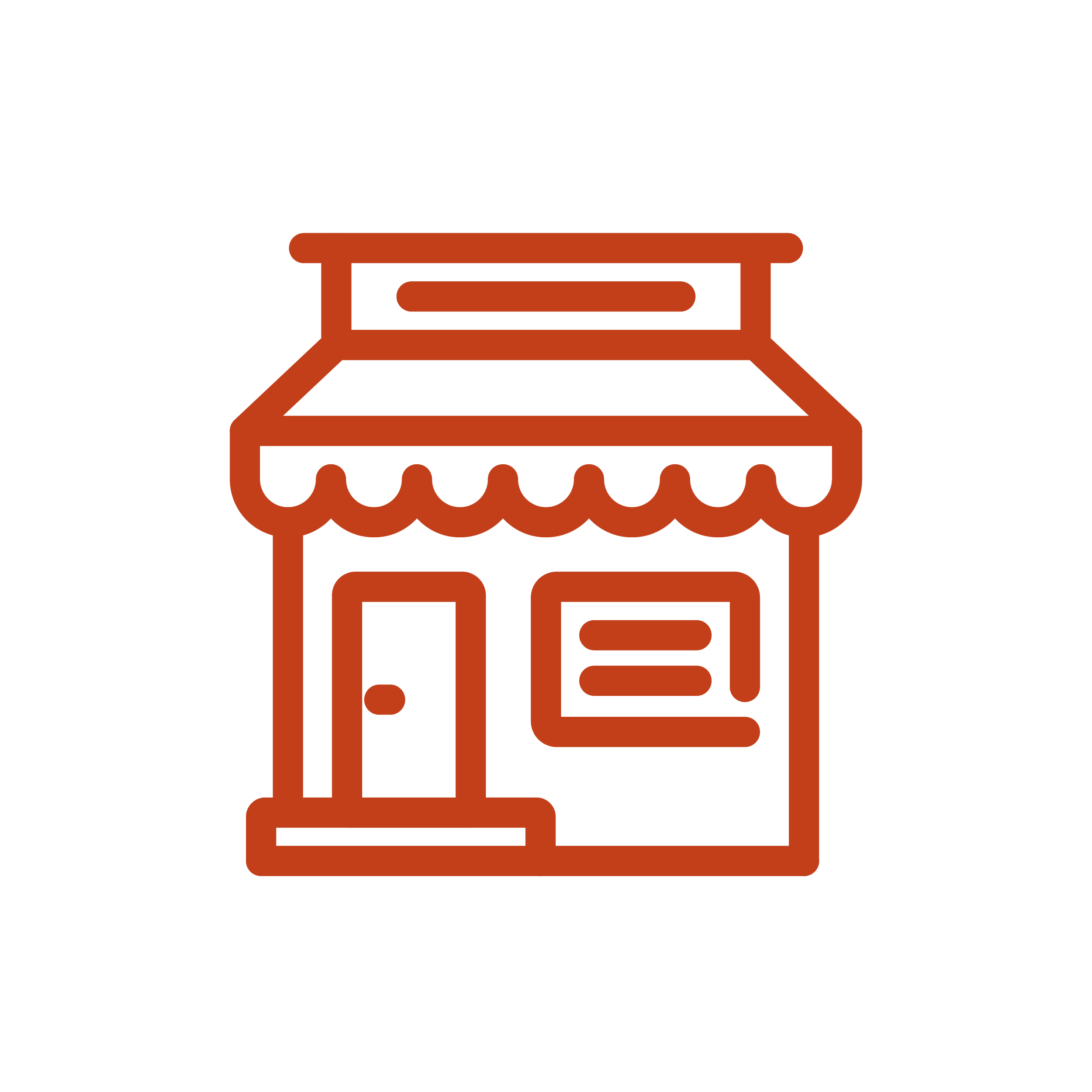 Simple line drawing of a small store or shop with an awning, door, and window, in a reddish-brown color on a black background.