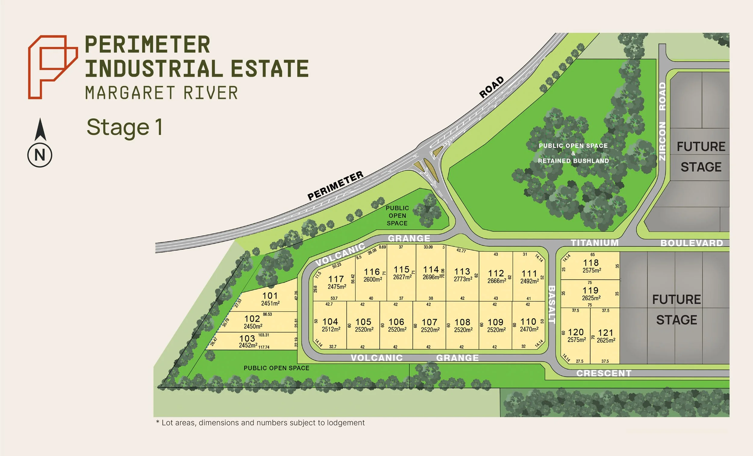 Layout map of Perimeter Industrial Estate along Margaret River, showing stages, roads, public open spaces, bushland, and future stages.