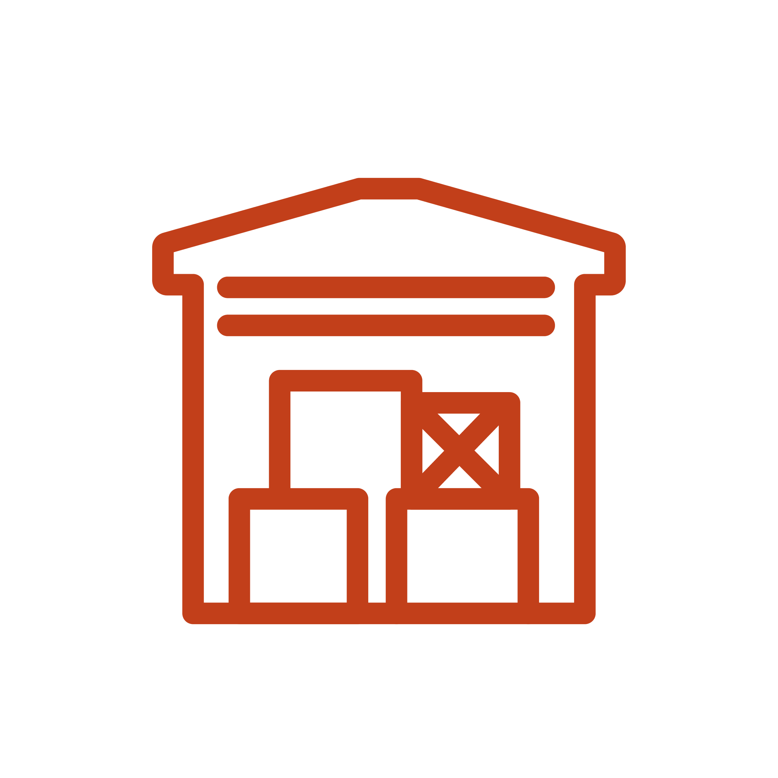 Icon of a warehouse with boxes inside, depicted in brown lines on a black background.