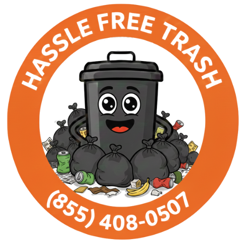 A happy cartoon trash can with big eyes and a smiling face, surrounded by bags of trash and trash items, inside an orange circle with white text that reads 'HASSLE FREE TRASH' and a phone number.