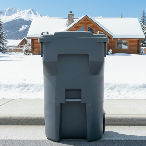 A large gray outdoor trash bin on a sidewalk with a snowy house and mountains in the background.