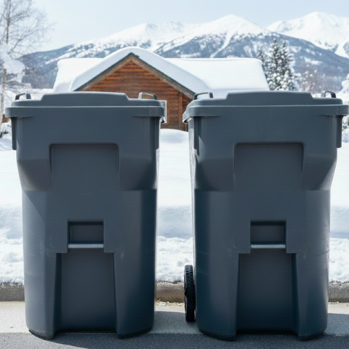 Two large gray trash bins outside in snowy landscape with a wooden house and snow-capped mountains in the background.
