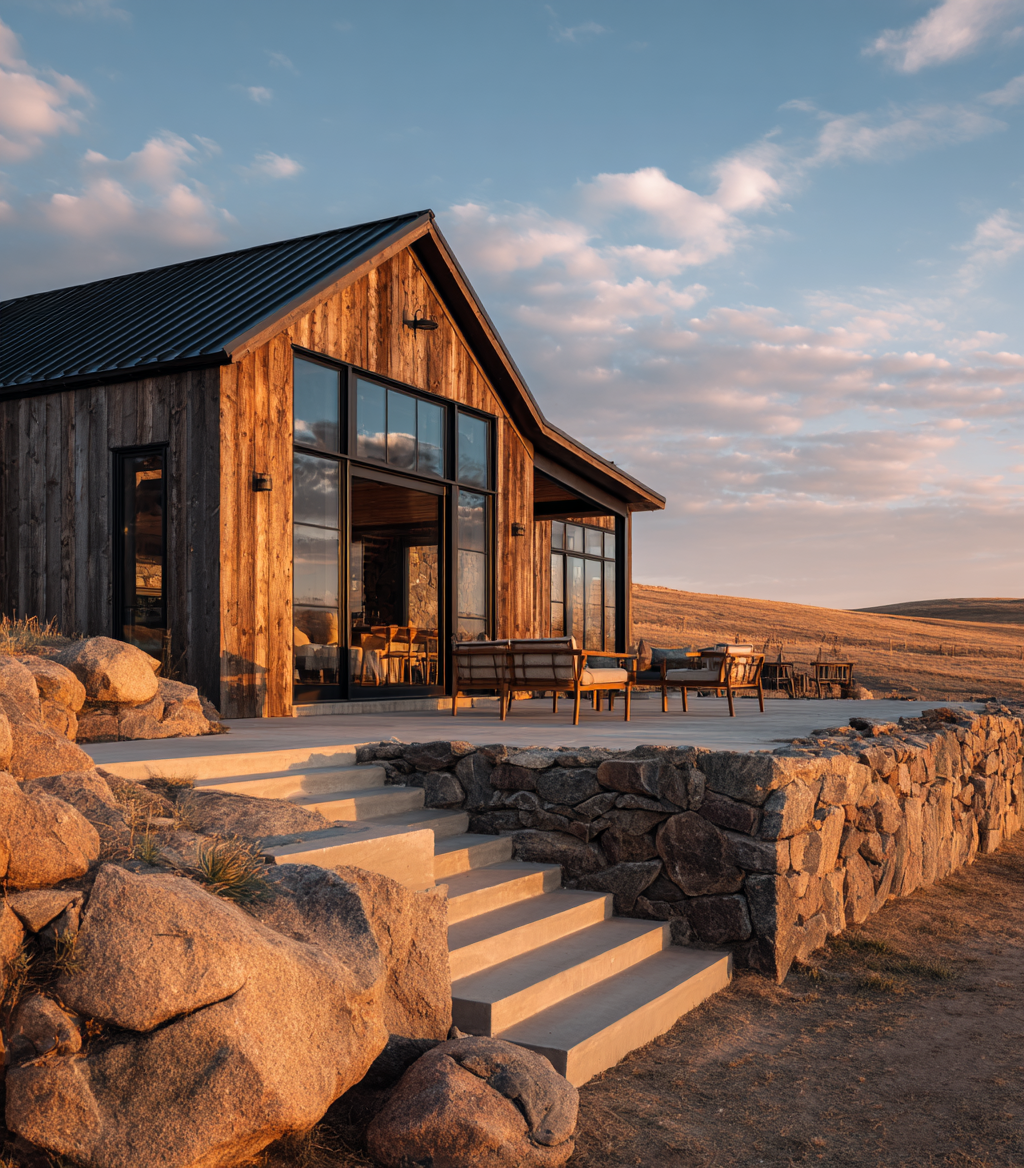 A modern rustic house made of wood and glass with outdoor seating on a stone patio, set against open landscape and a sky with scattered clouds in the late afternoon or early evening.