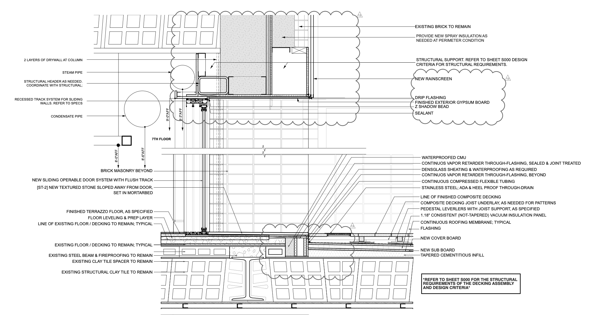 Architectural technical drawing of a building section, showing detailed construction notes, layers, and materials including drywall, brick masonary, vapor retarders, roofing, and flooring.