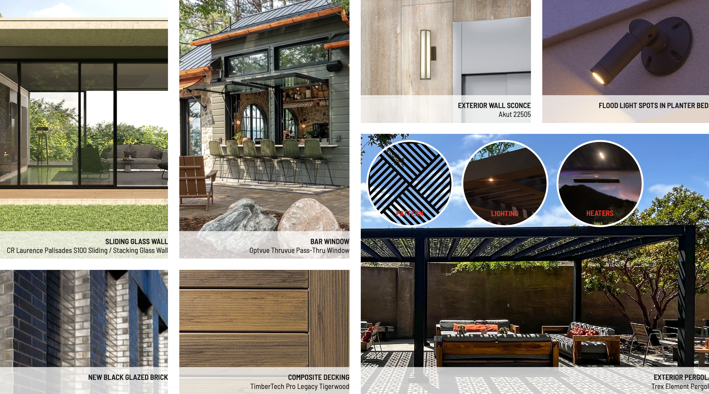 Collage of architectural and interior design elements including sliding glass wall, bar window, exterior wall sconce, floodlight spot, pattern lighting, heater, brick, composite decking, and exterior pergola.