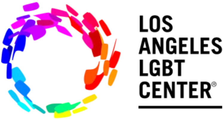 Colorful rainbow-colored circle made of LGBT pride flag ribbon shapes next to black text that reads "Los Angeles LGBT Center."