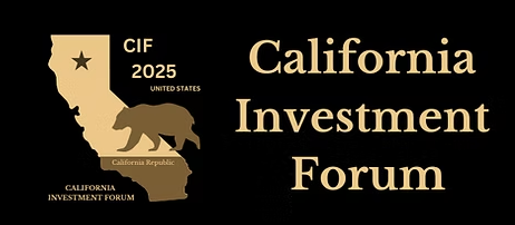 Map of California with information about the California Investment Forum 2025, including the CIF 2025 logo, and text indicating it is in the United States and the California Republic.