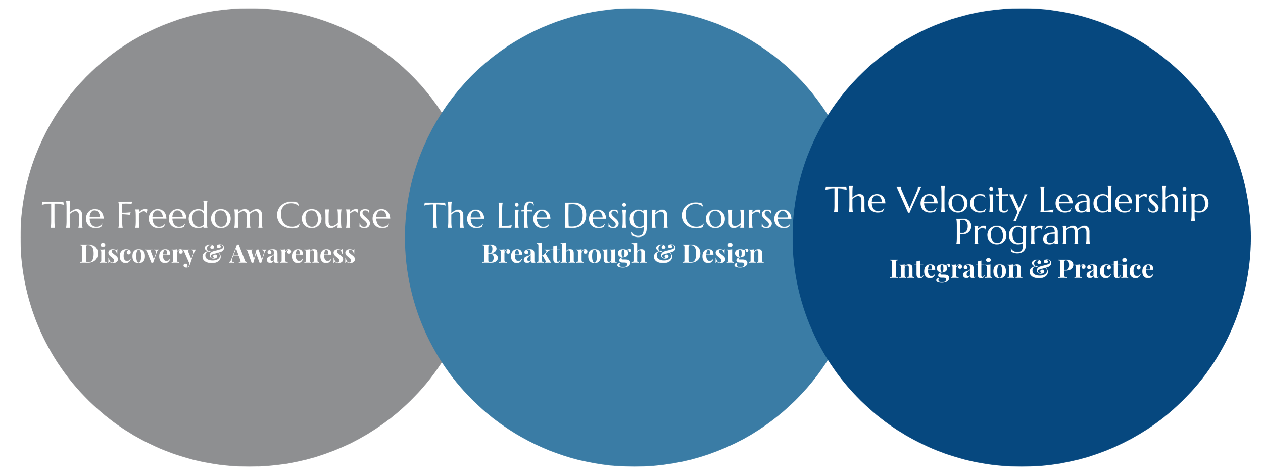 Venn diagram with three overlapping circles labeled from left to right: The Freedom Course, The Life Design Course, The Velocity Leadership Program. The descriptions are, Discovery & Awareness, Breakthrough & Design, and Integration & Practice respectively.