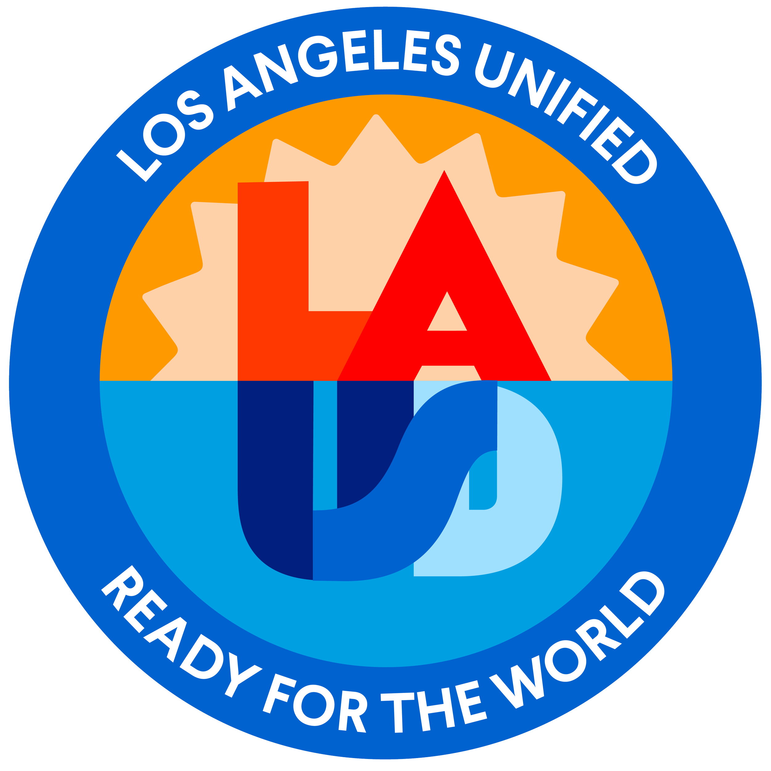 Circular emblem with blue outer ring reading 'LOS ANGELES UNIFIED' at the top and 'READY FOR THE WORLD' at the bottom, featuring a sun, water, and the letters LA in red and blue.