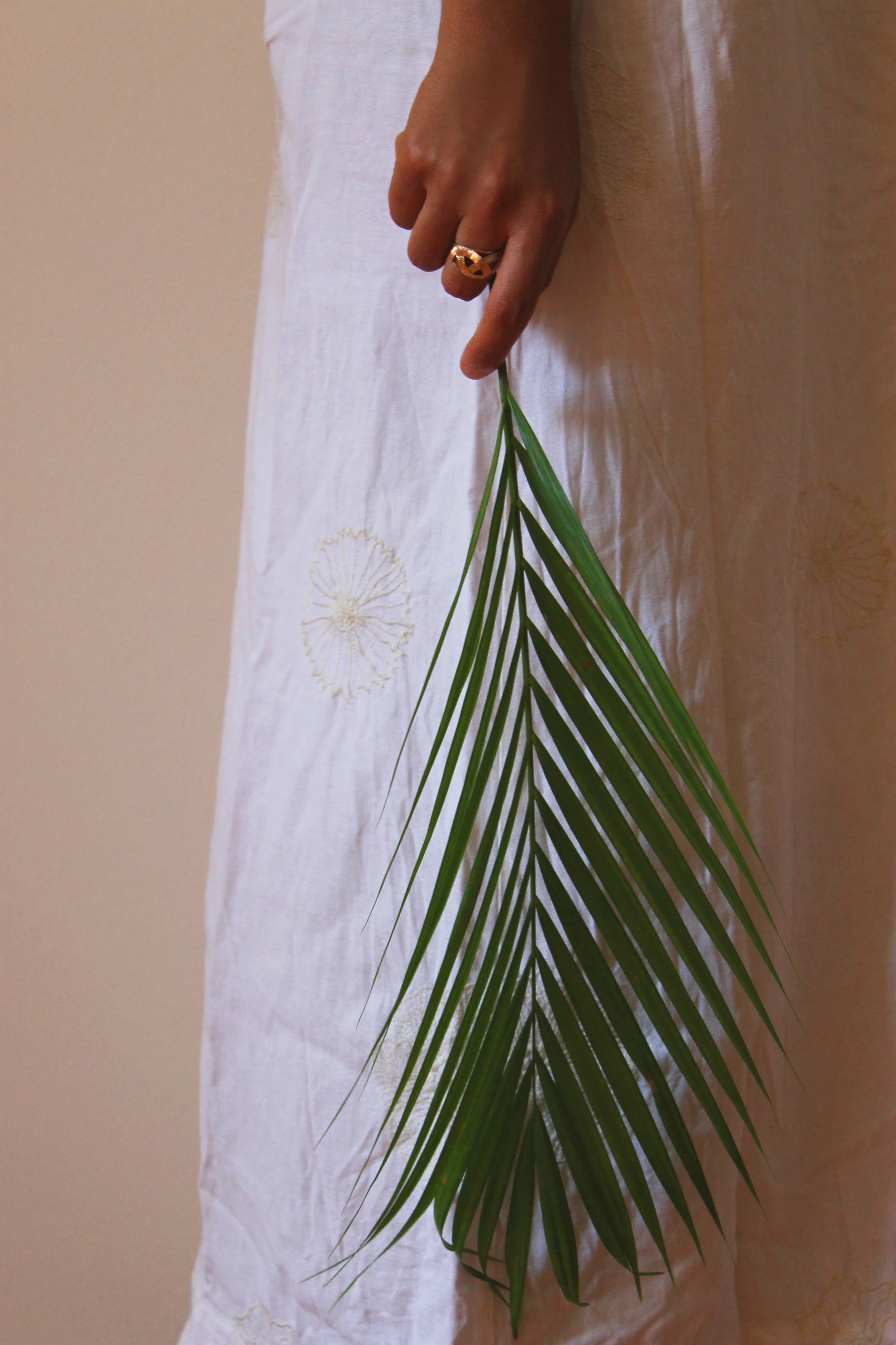 Mão segurando uma folha de palmeira verde ao lado de uma saia branca com bordados dourados.