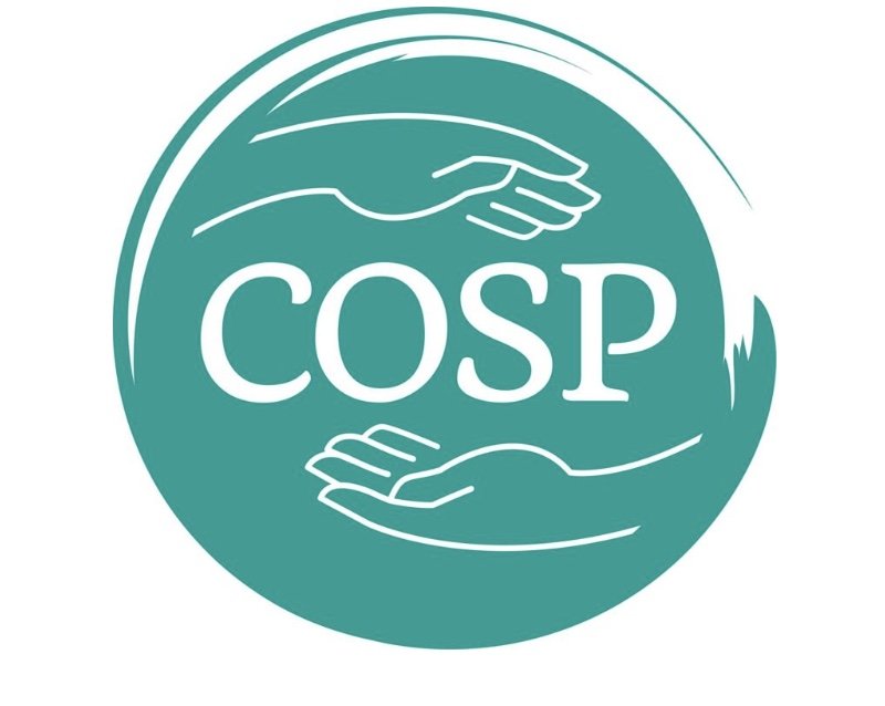 A teal circular logo with two white outlined hands, one above and one below, surrounding the acronym 'COSP' in the center. An Attachment based parenting program.
