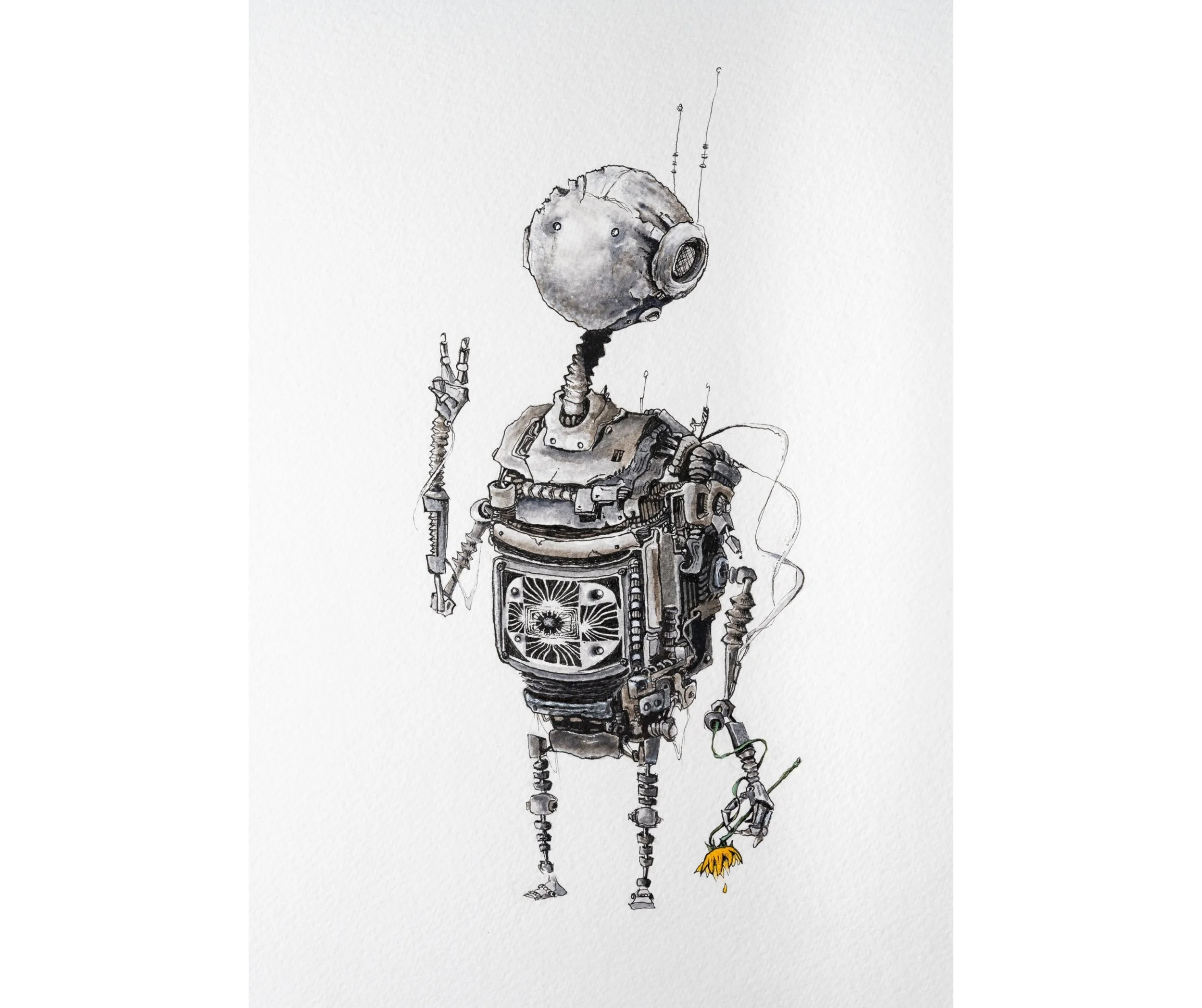                                               Robot Illustration; Pen and ink, and acrylic on cold-press archival paper