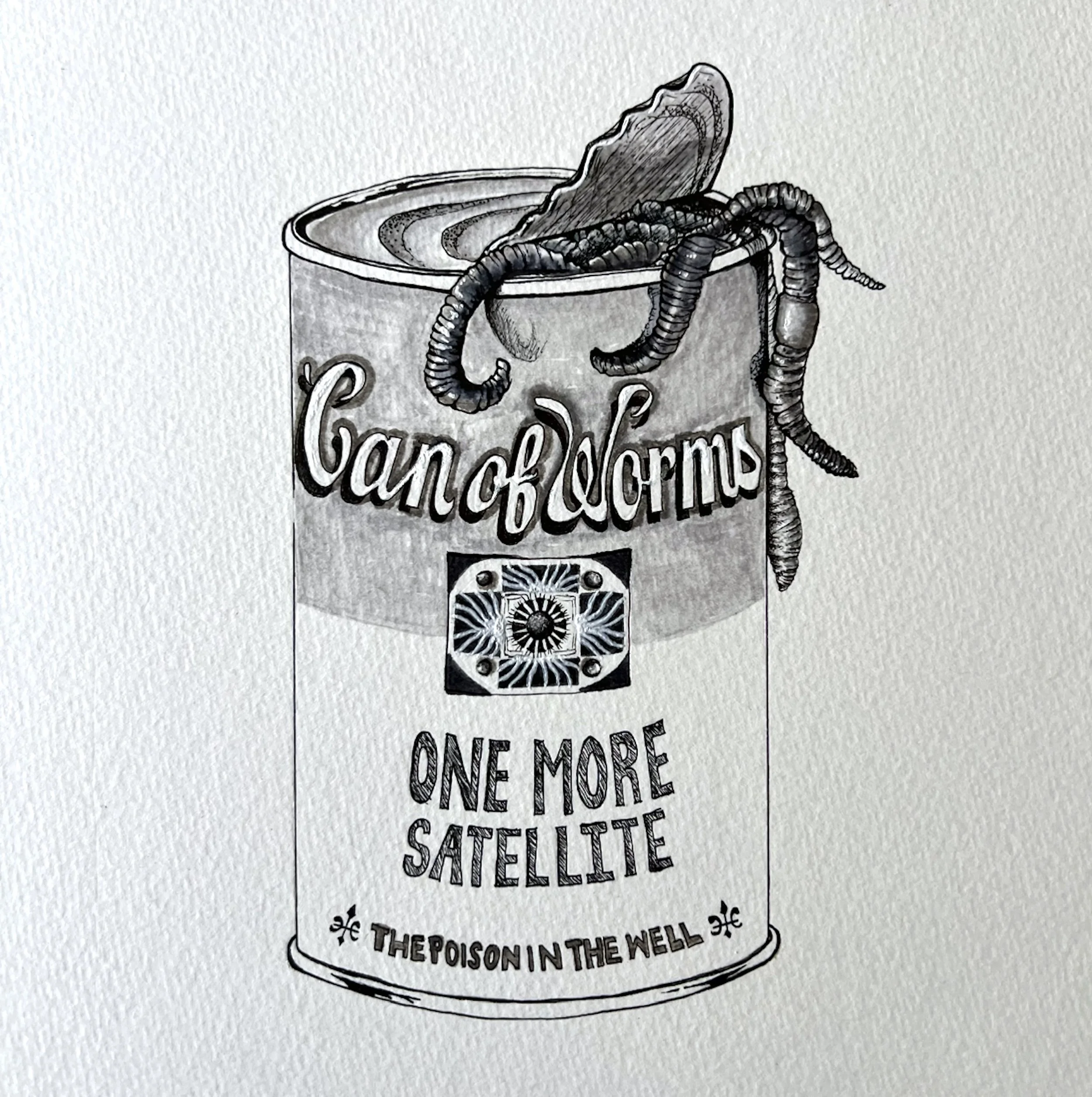 One More Satellite, "Can of Worms"
Pen and ink, and acrylic on cold-press archival paper