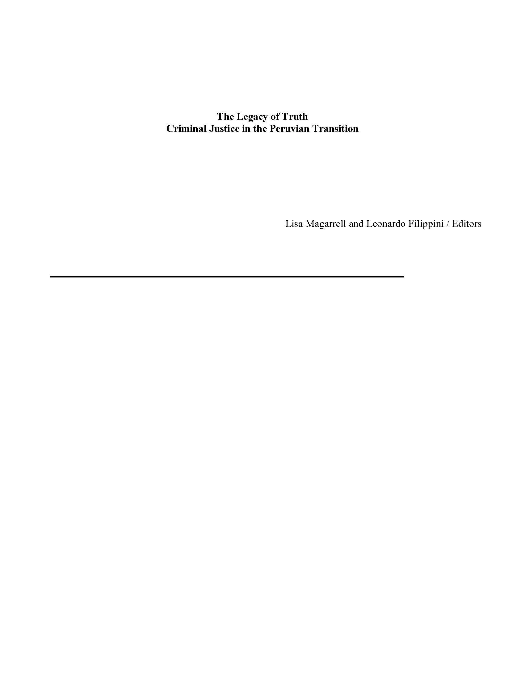 The Legacy of Truth: Criminal Justice in the Peruvian Transition