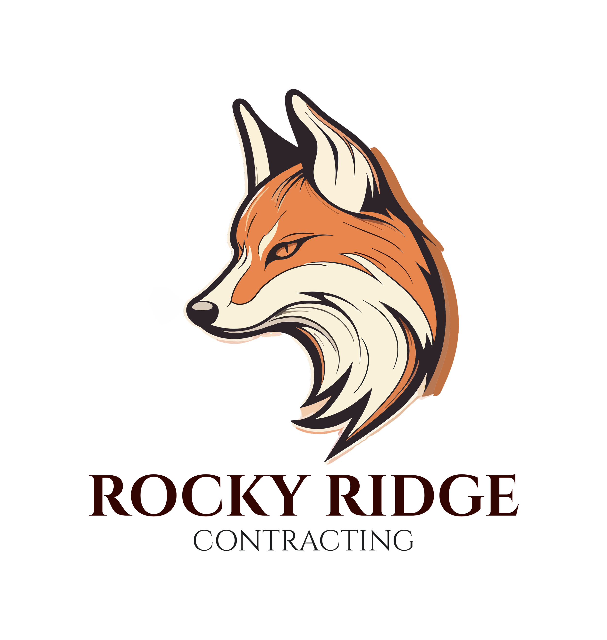 A stylized illustration of a fox's head in profile with the text 'Rocky Ridge Contracting' underneath.